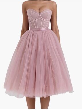 House of CB Darling Pink Strapless Tulle Midi Dress L+